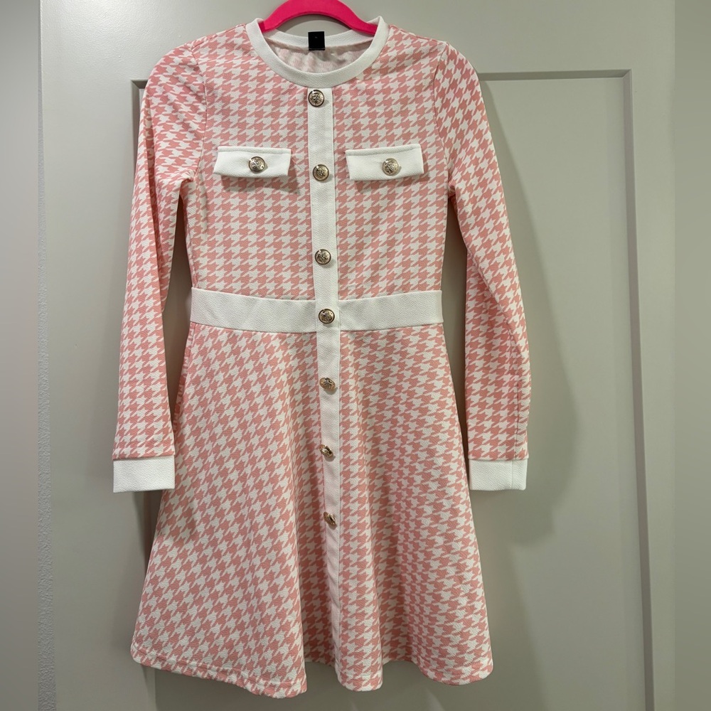 Chic Pink Houndstooth Fit & Flare Knit Dress (New)